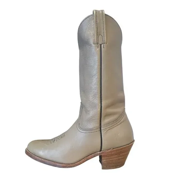 Frye Vintage Taupe Tan Leather Almond Toe Mid Calf Cowgirl Boots 9.5 - Picture 11 of 11